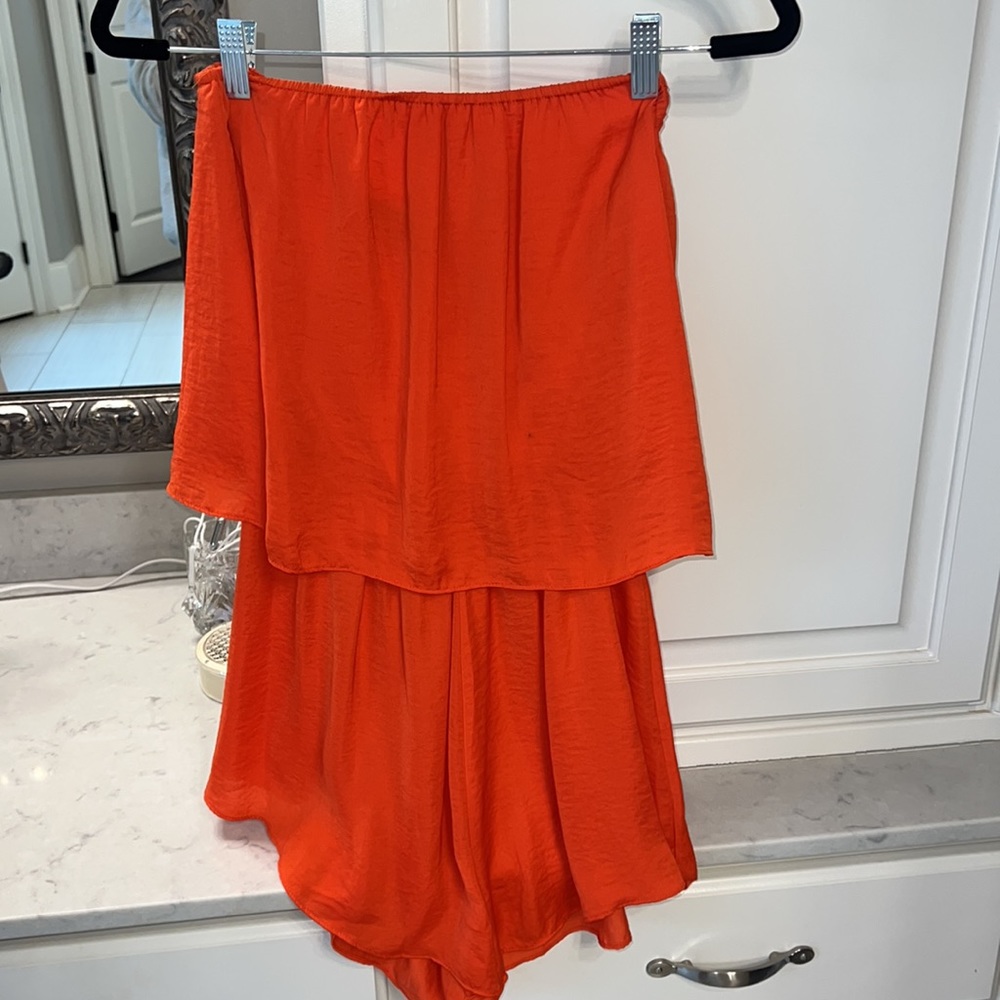 Honey punch orange strapless romper